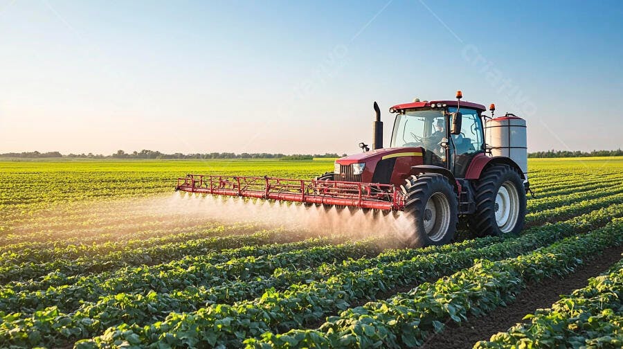 Trator vermelho com agricultor pulverizando lavoura verde ao entardecer