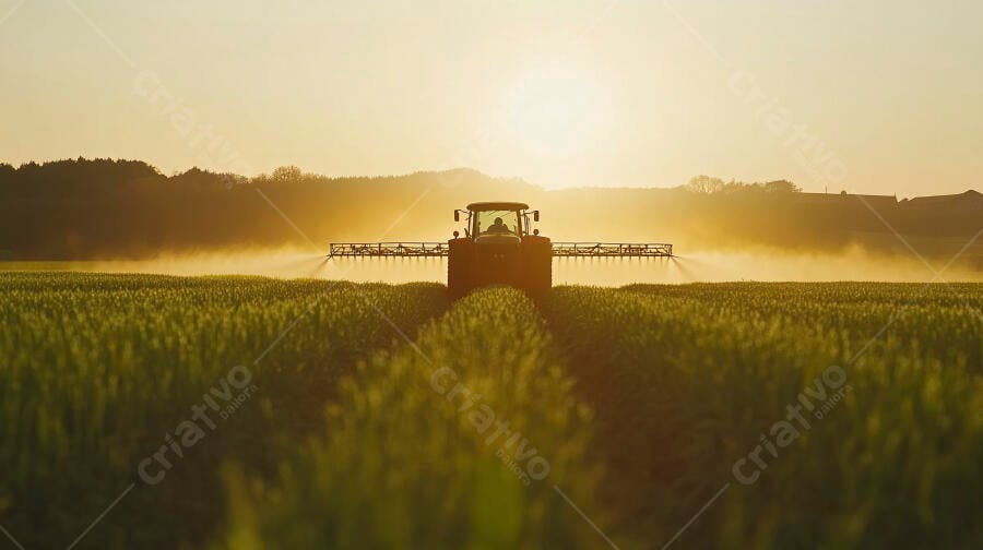 Trator com agricultor pulverizando lavoura verde ao amanhecer dourado