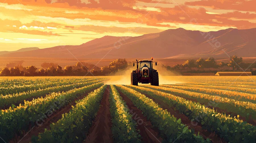 Trator agrícola em campo de cultivo ao pôr do sol dourado