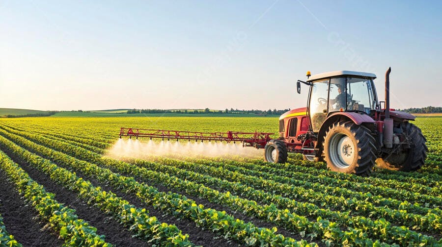 Trator vermelho e amarelo pulverizando plantação verde em campo agrícola ao entardecer