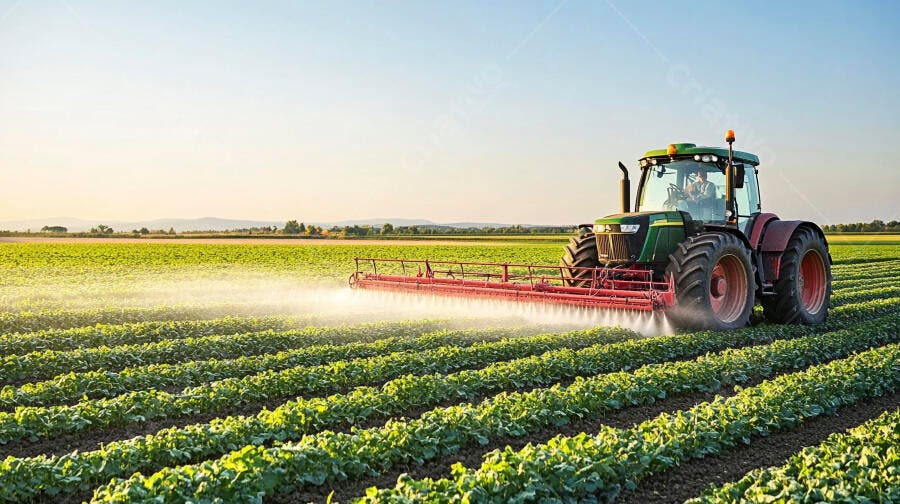 Trator verde e vermelho pulverizando plantação em campo vasto ao entardecer