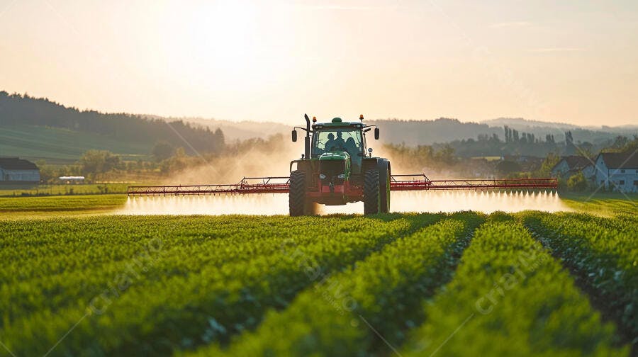 Trator verde pulverizando lavoura ao pôr do sol em campo rural