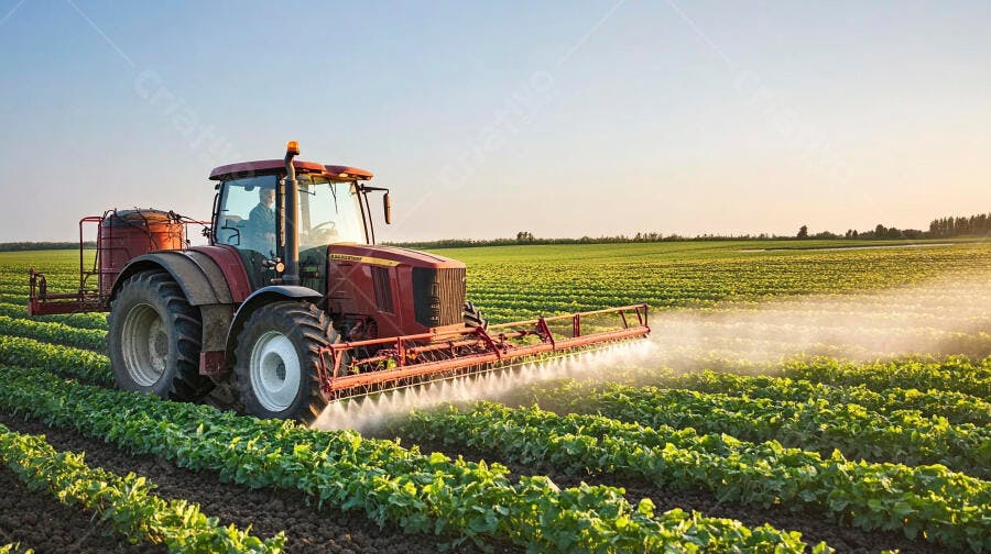 Trator vermelho agricultor pulverizando plantação verde em vasto campo ao amanhecer