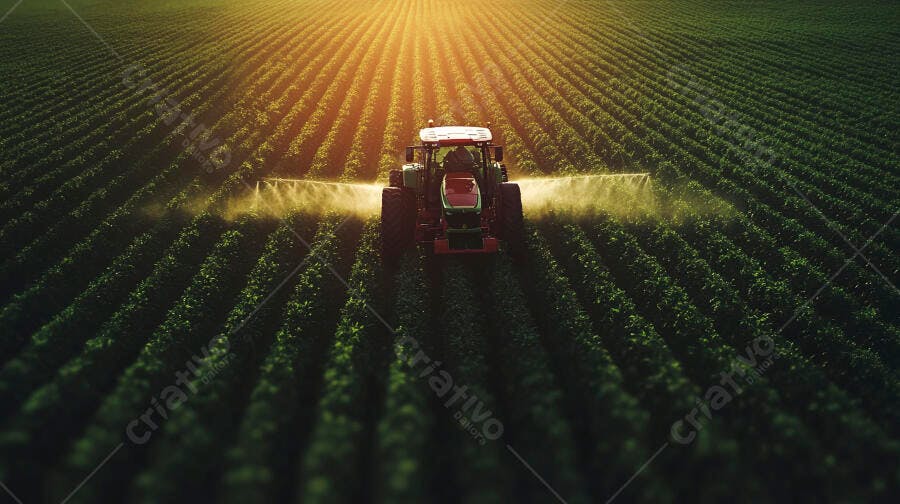 Trator vermelho pulverizando plantação verde ao entardecer