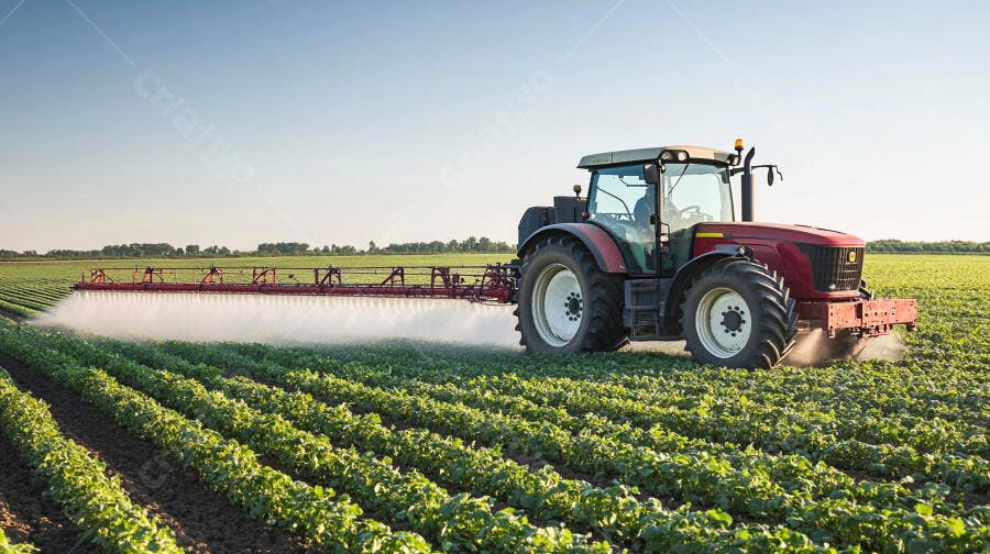 Trator vermelho pulverizando plantação verde em campo agrícola ensolarado