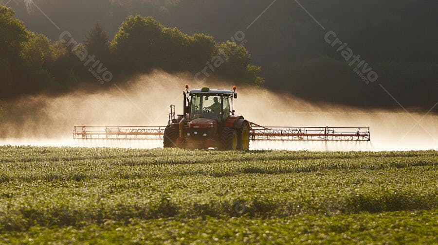 Trator vermelho pulverizando plantação verde na névoa do amanhecer