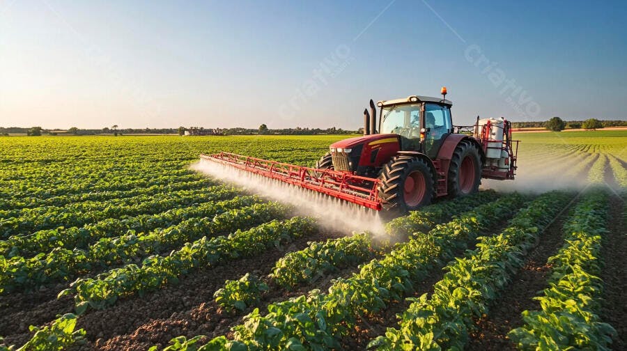 Trator vermelho pulverizando plantação agrícola verde sob o sol da manhã