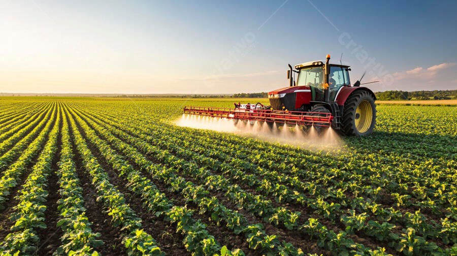Trator vermelho pulverizando plantação verde ao entardecer no campo