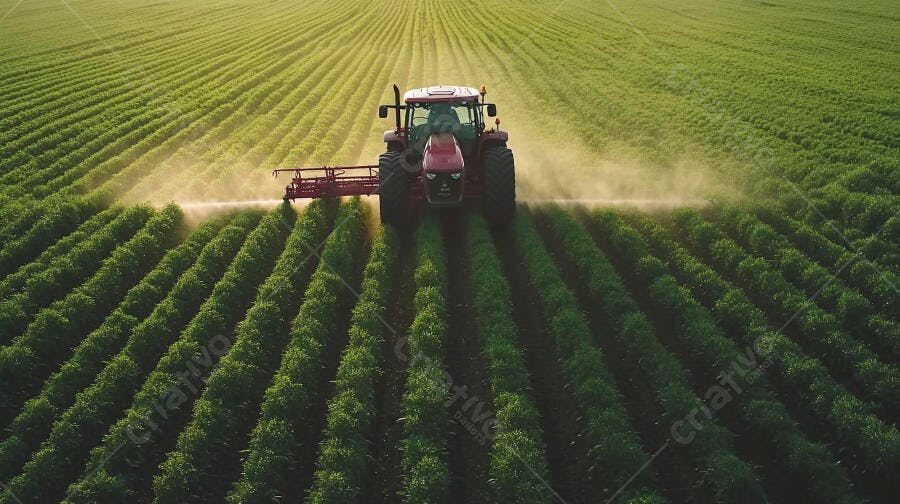 Trator vermelho pulverizando lavoura verde em campo agrícola ao amanhecer
