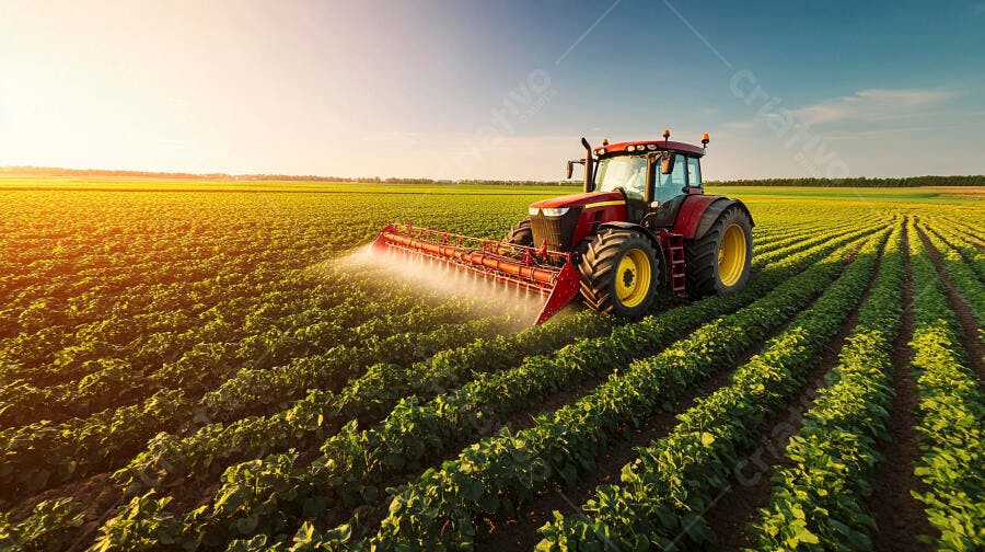 Trator vermelho pulverizando plantação verde ao por do sol em fazenda