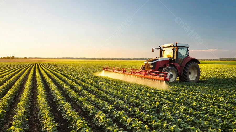 Trator agrícola pulverizando plantação verde ao pôr do sol dourado