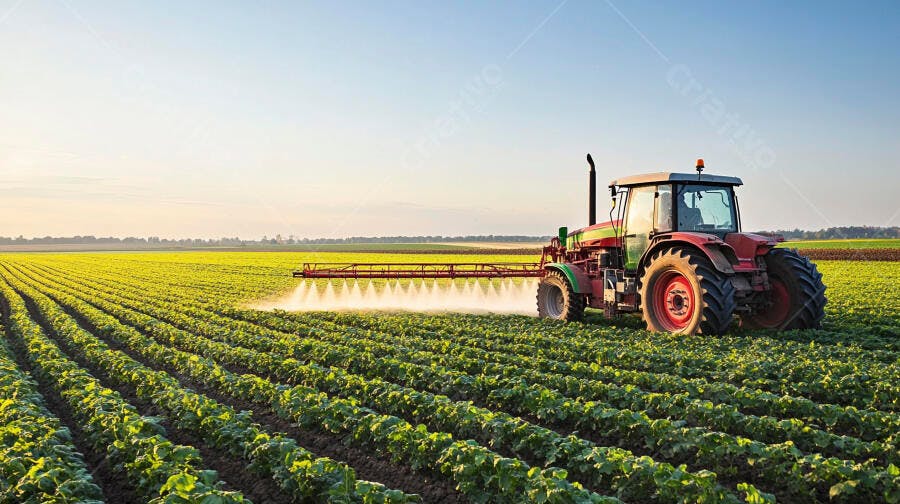 Trator vermelho pulverizando plantação verde em campo agrícola ensolarado