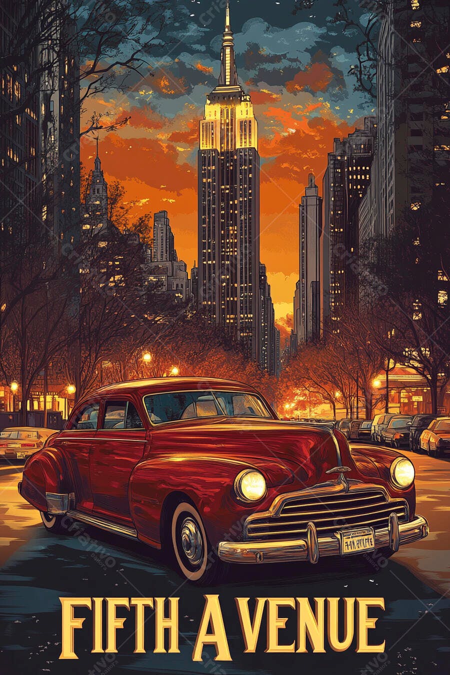 Carro vintage vermelho na Quinta Avenida Nova York ao entardecer com Empire State Building