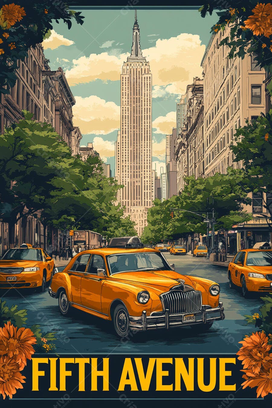Cena vintage da Quinta Avenida Nova York com táxis amarelos e Empire State Building