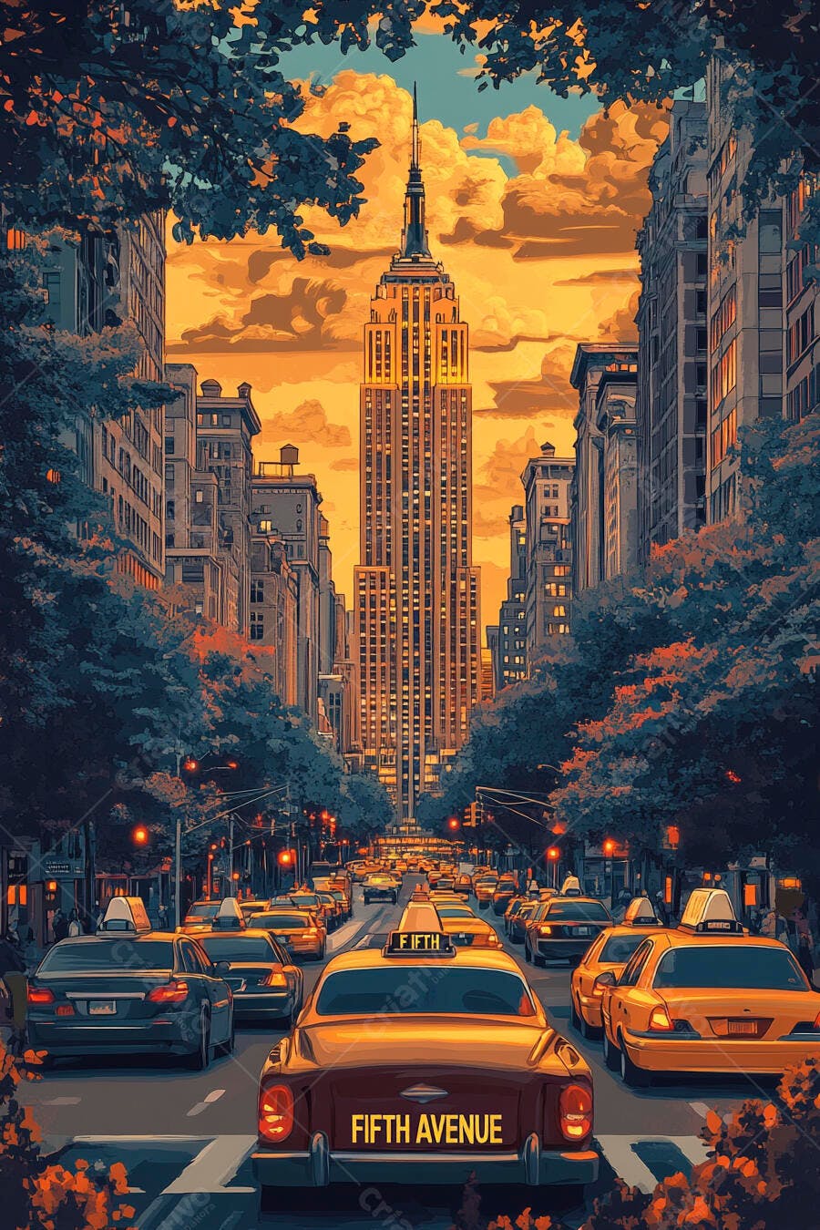Empire State Building e táxis amarelos na Quinta Avenida ao entardecer