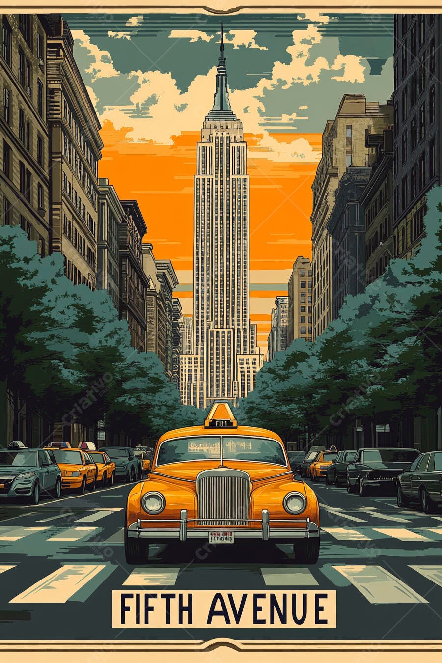 Táxi amarelo vintage na Quinta Avenida com Empire State Building ao fundo
