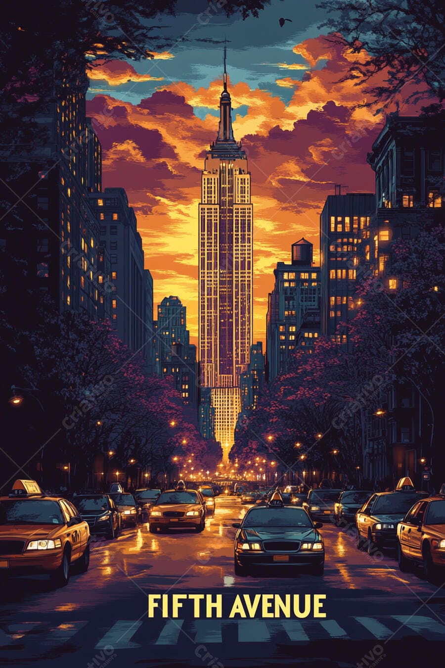 Edifício Empire State e táxis amarelos na Fifth Avenue com céu laranja ao entardecer