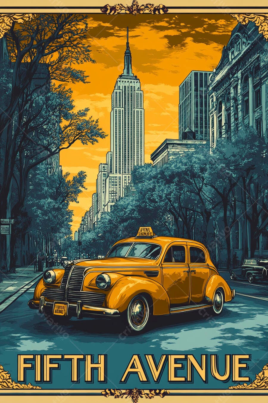 Táxi amarelo vintage na Quinta Avenida de Nova Iorque com Empire State Building