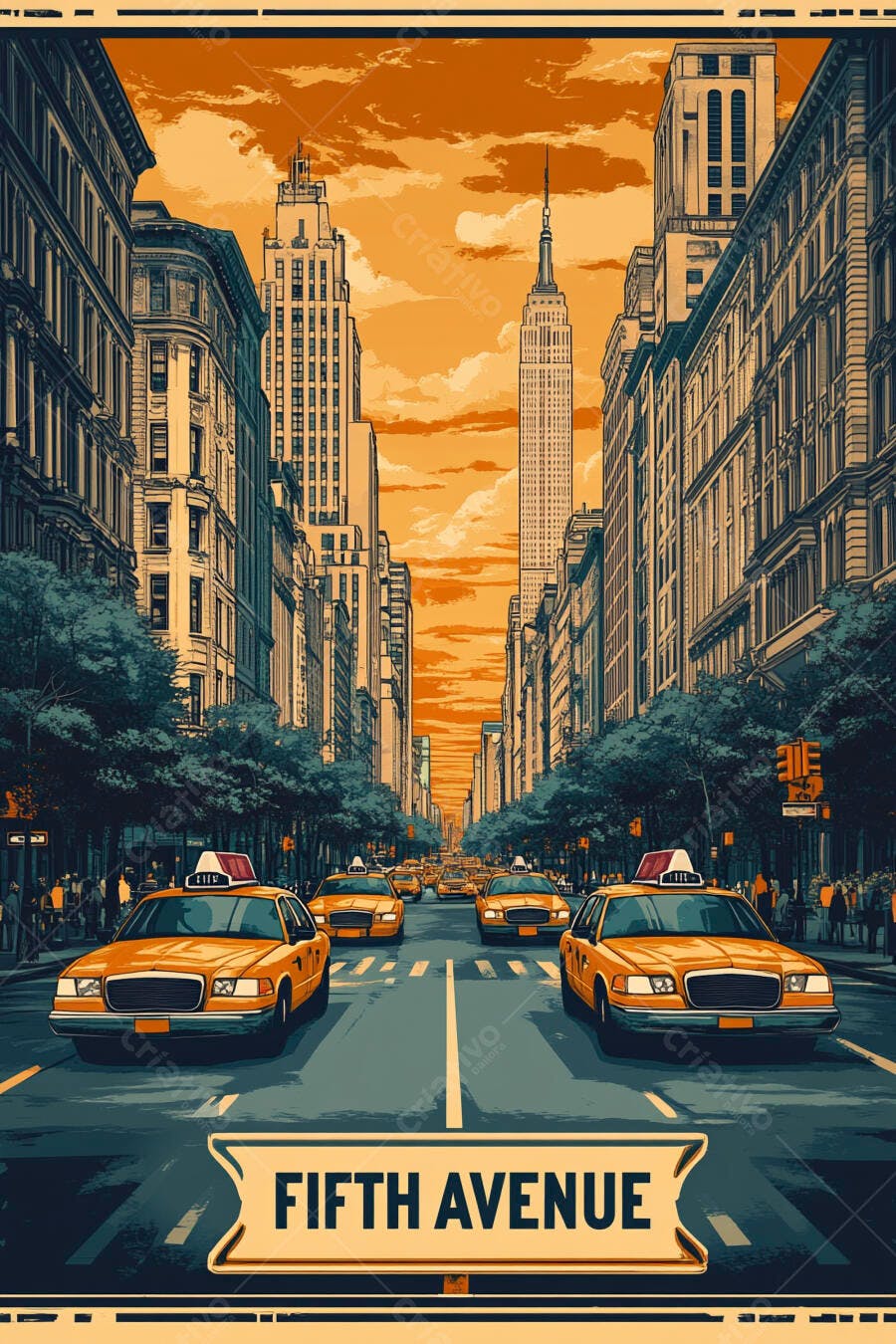 Avenida movimentada com táxis amarelos e Empire State Building ao entardecer