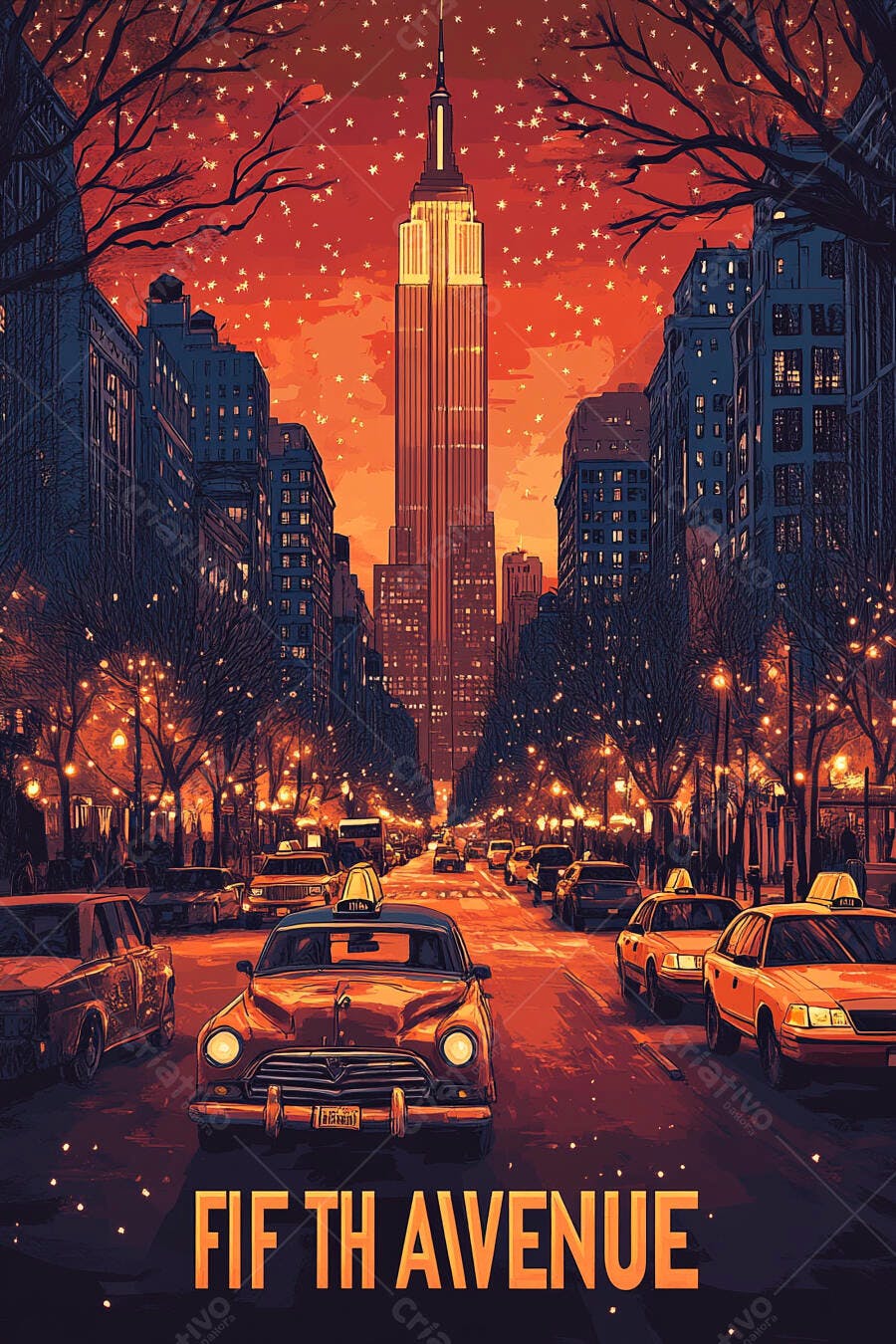 Empire State Building Fifth Avenue Nova York anoitecer carros clássicos táxis amarelos