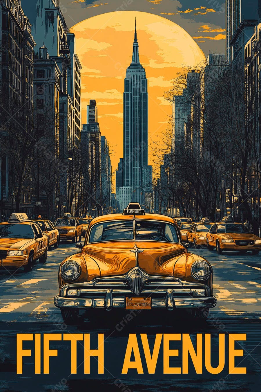 Táxi amarelo vintage na Fifth Avenue com Empire State Building ao pôr do sol