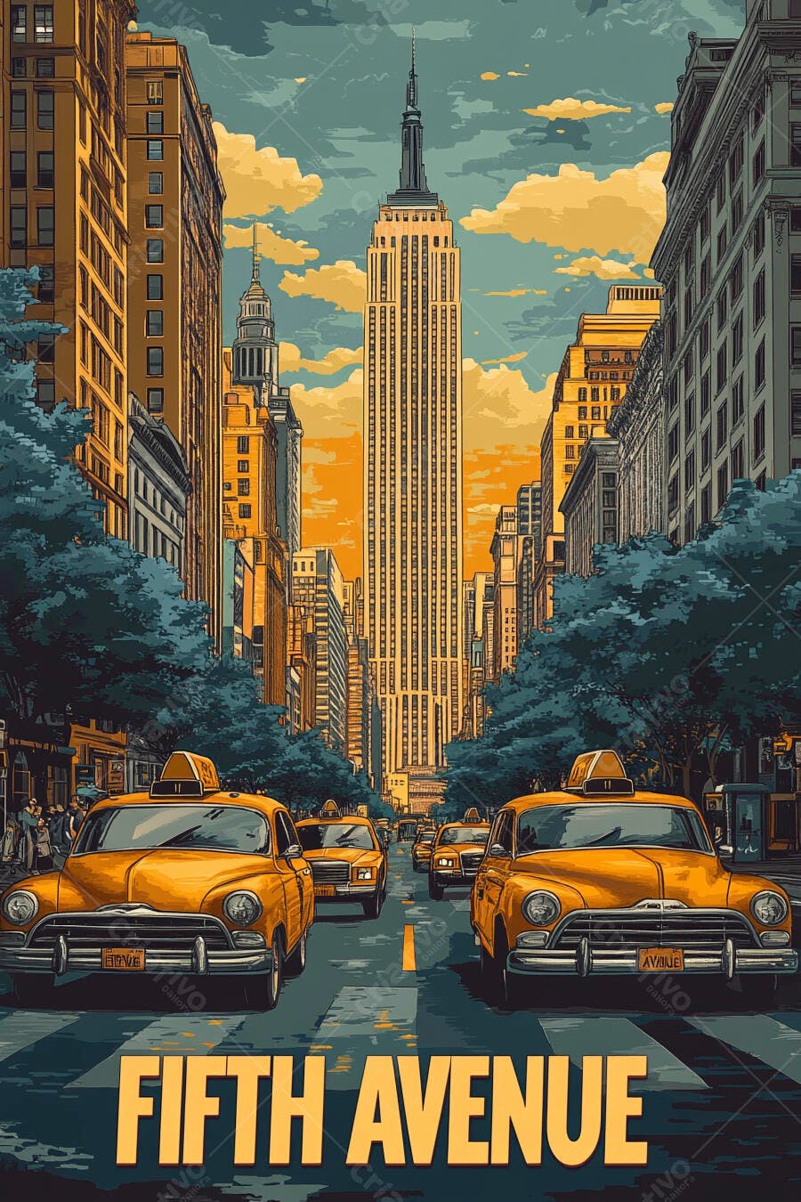 Taxis amarelos vintage na Fifth Avenue Nova York com Empire State Building ao fundo