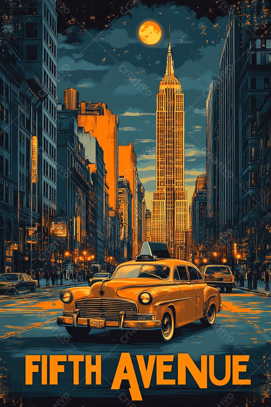 Táxi amarelo vintage na Fifth Avenue Nova York noite estilo pôster Empire State
