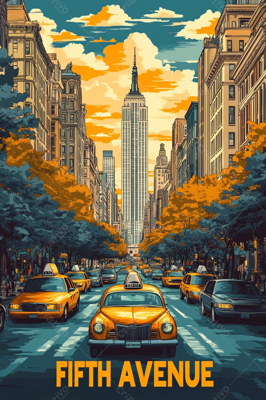 Quinta Avenida em Nova York com táxis amarelos e Empire State Building outono