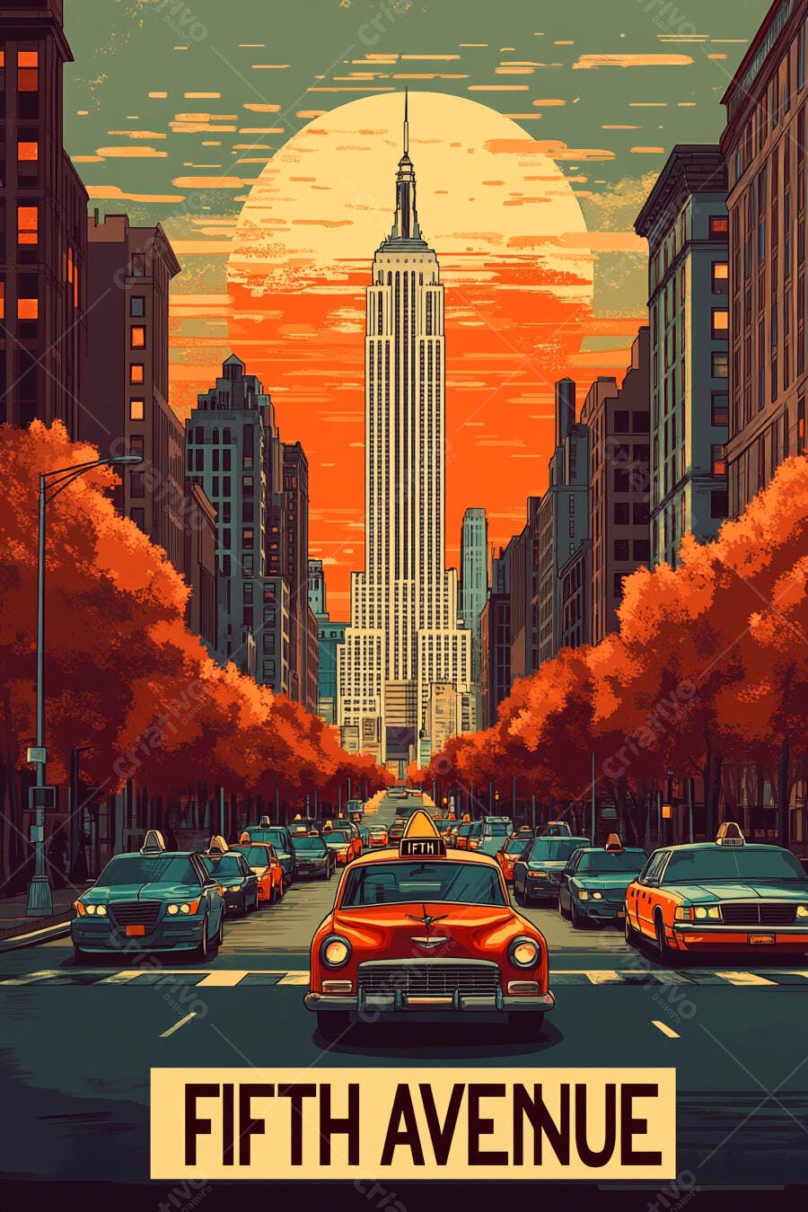 Ilustração Quinta Avenida Nova York trânsito vintage Empire State Building ao pôr do sol