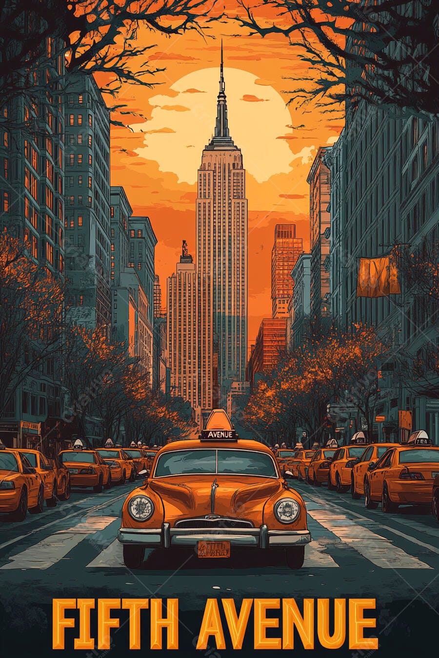 Táxis vintage laranja na Quinta Avenida Nova York ao pôr do sol com Empire State Building