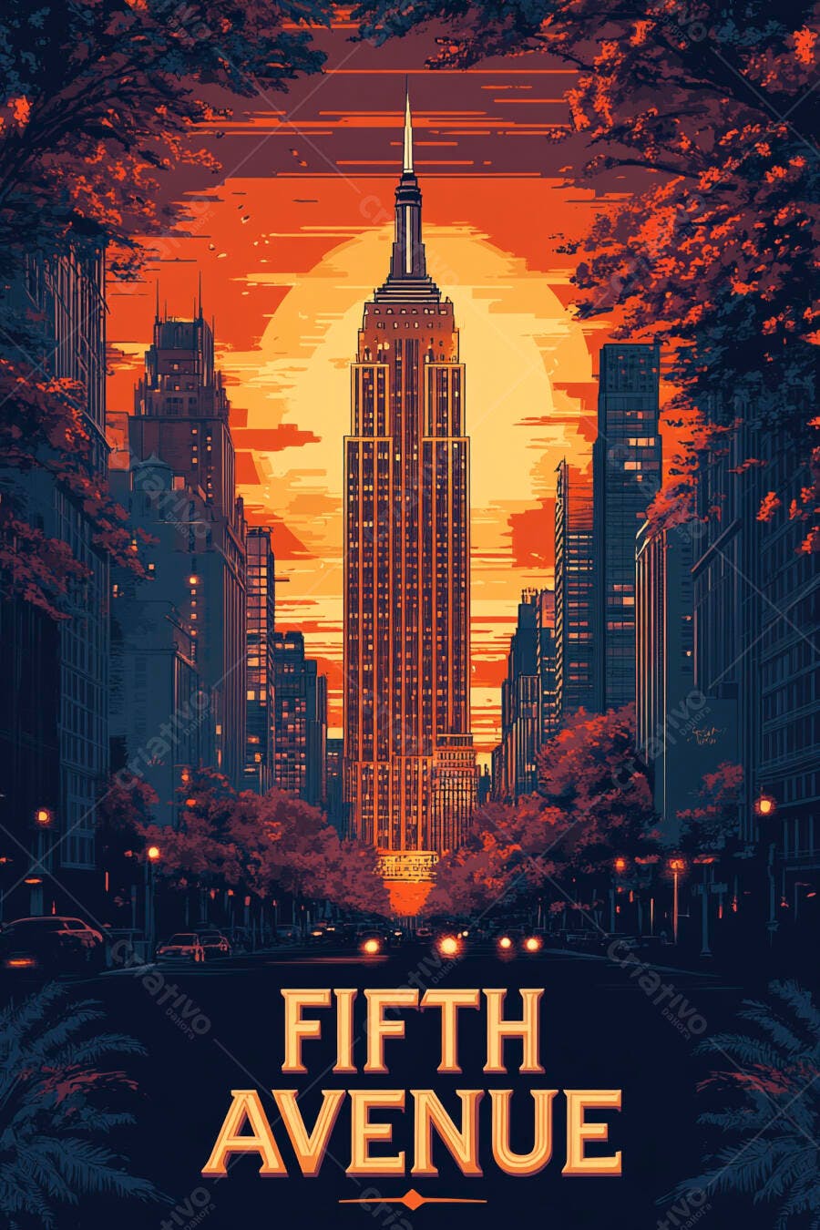 Empire State Building na Quinta Avenida pôr do sol laranja ilustração urbana