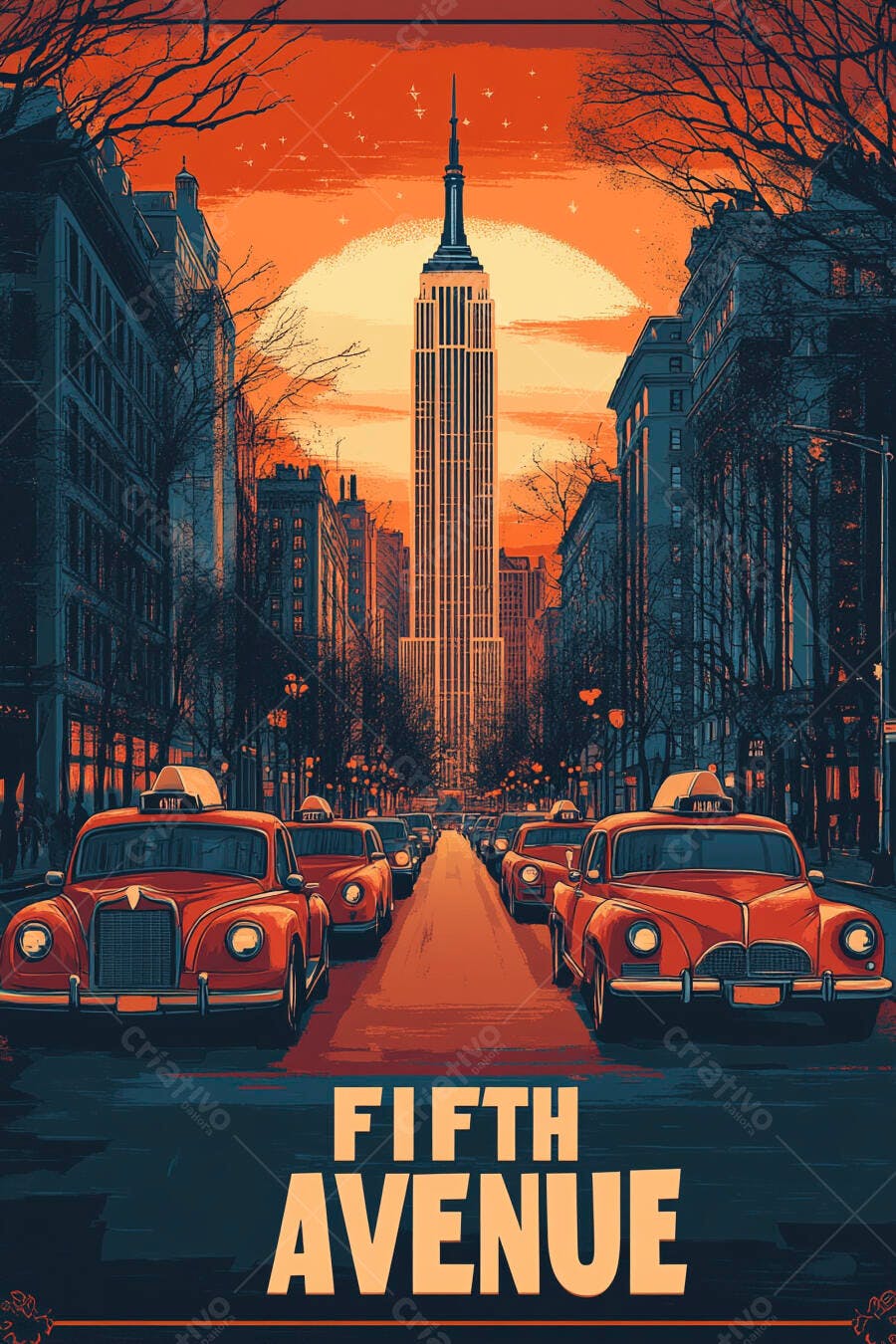 Rua da Quinta Avenida táxis clássicos Empire State Building pôr do sol laranja azul