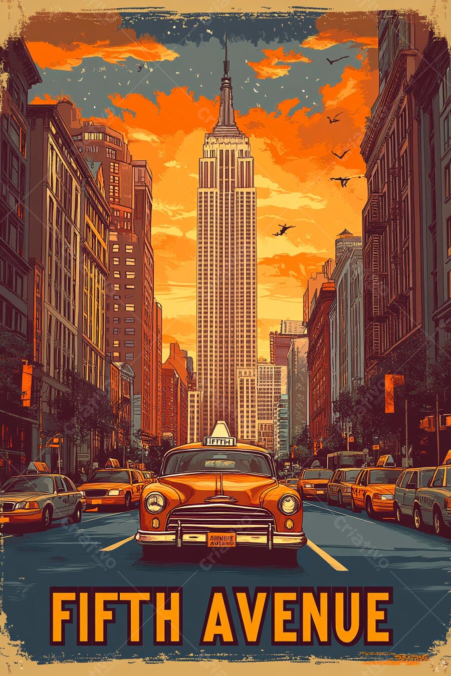 Táxi laranja vintage na Quinta Avenida com Empire State Building ao pôr do sol