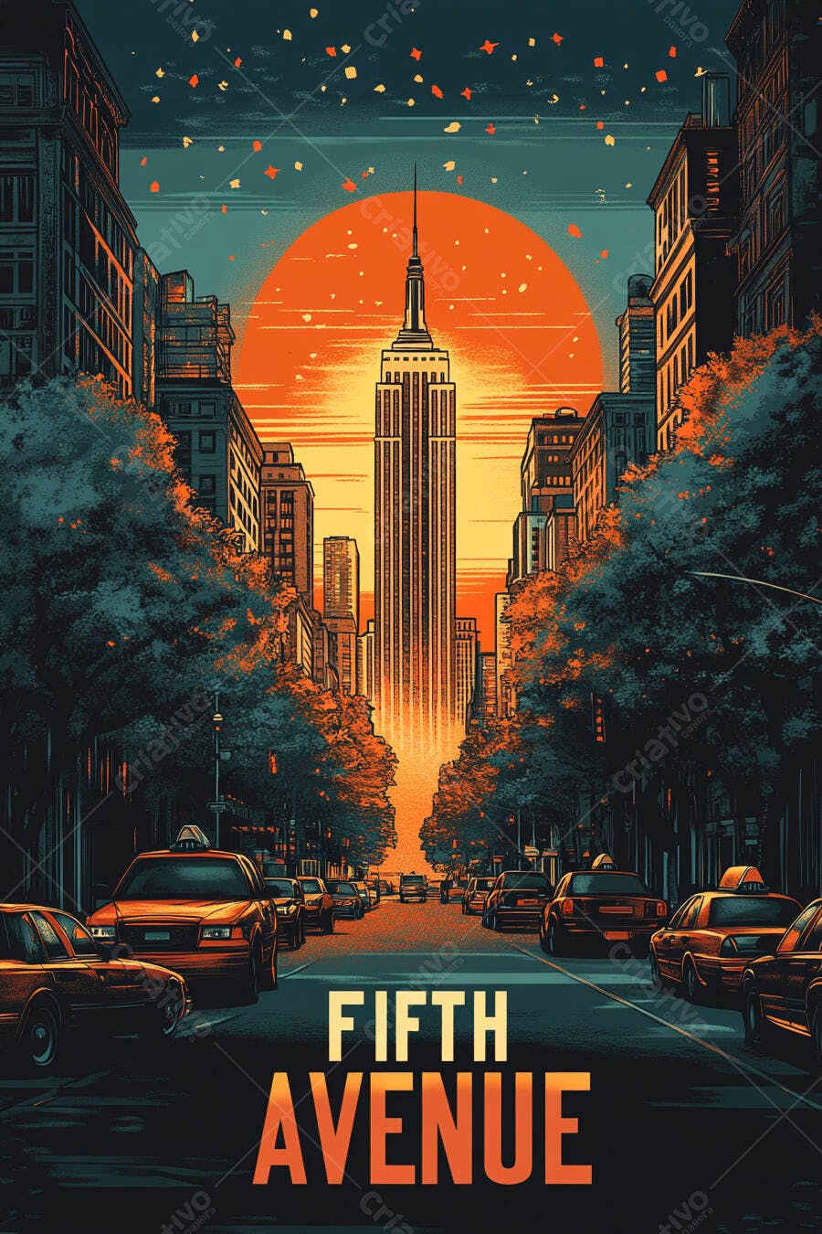 Avenida Fifth Avenue Nova York com Empire State Building ao pôr do sol