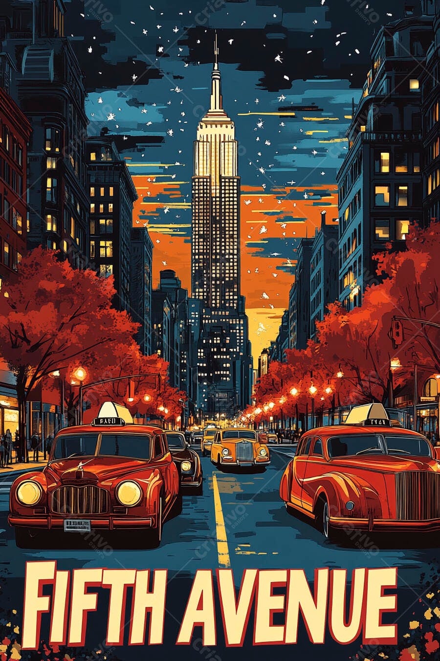 Quinta Avenida Nova York à noite com Empire State Building e carros clássicos vermelhos