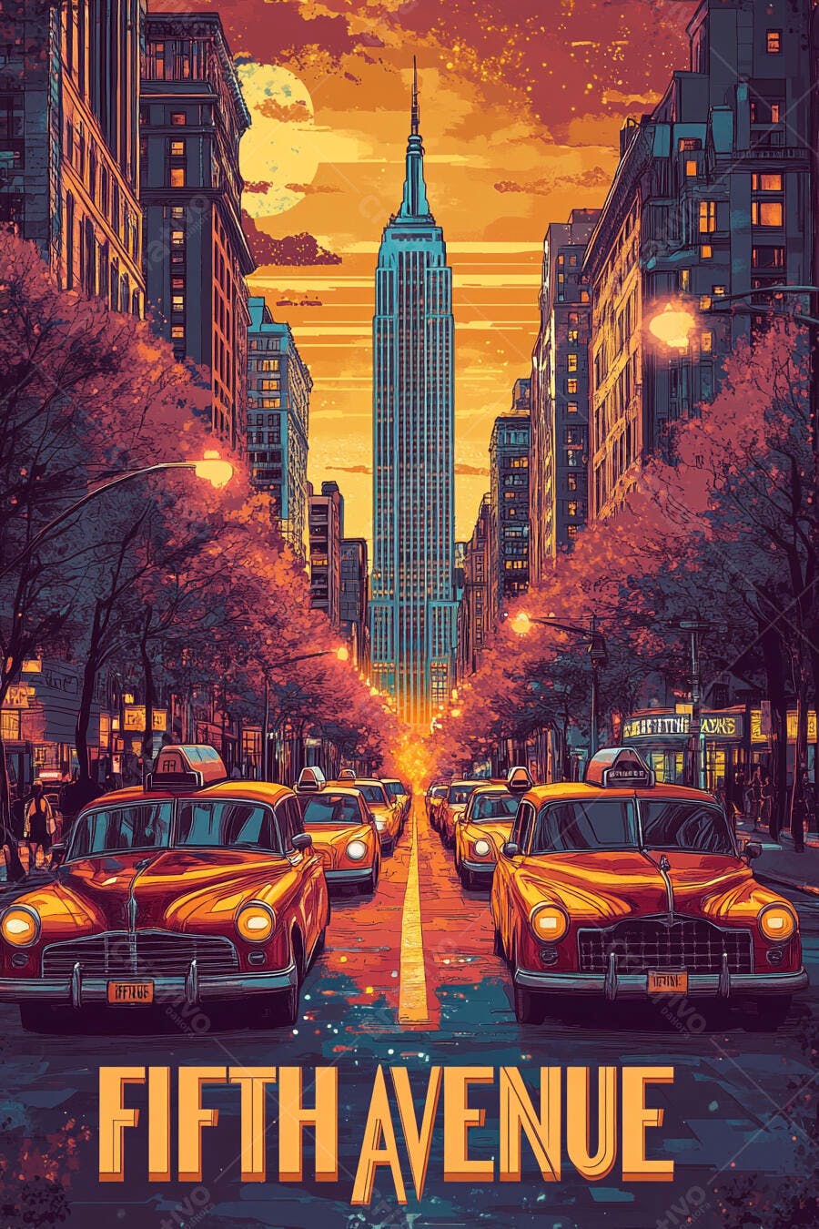Quinta Avenida Nova York Empire State Building com táxis clássicos ao pôr do sol arte pop