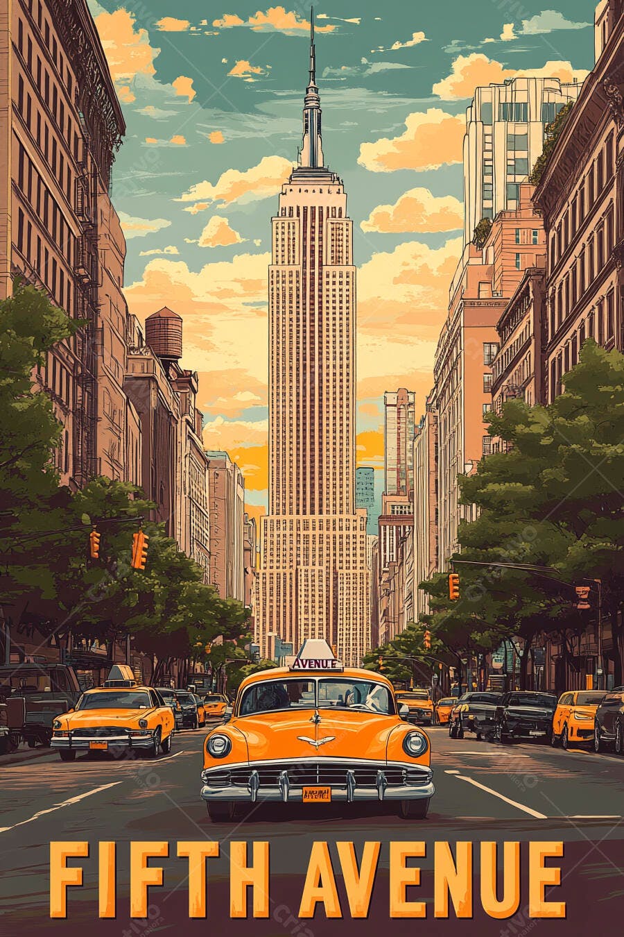 Táxi amarelo vintage na Quinta Avenida com Empire State Building ilustração retro