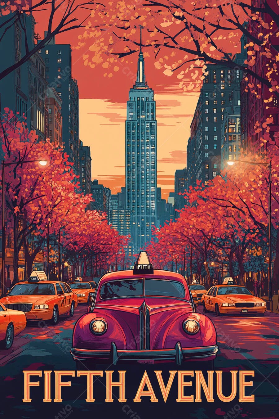 Táxi vintage vermelho na Fifth Avenue Nova York com Empire State Building ao entardecer