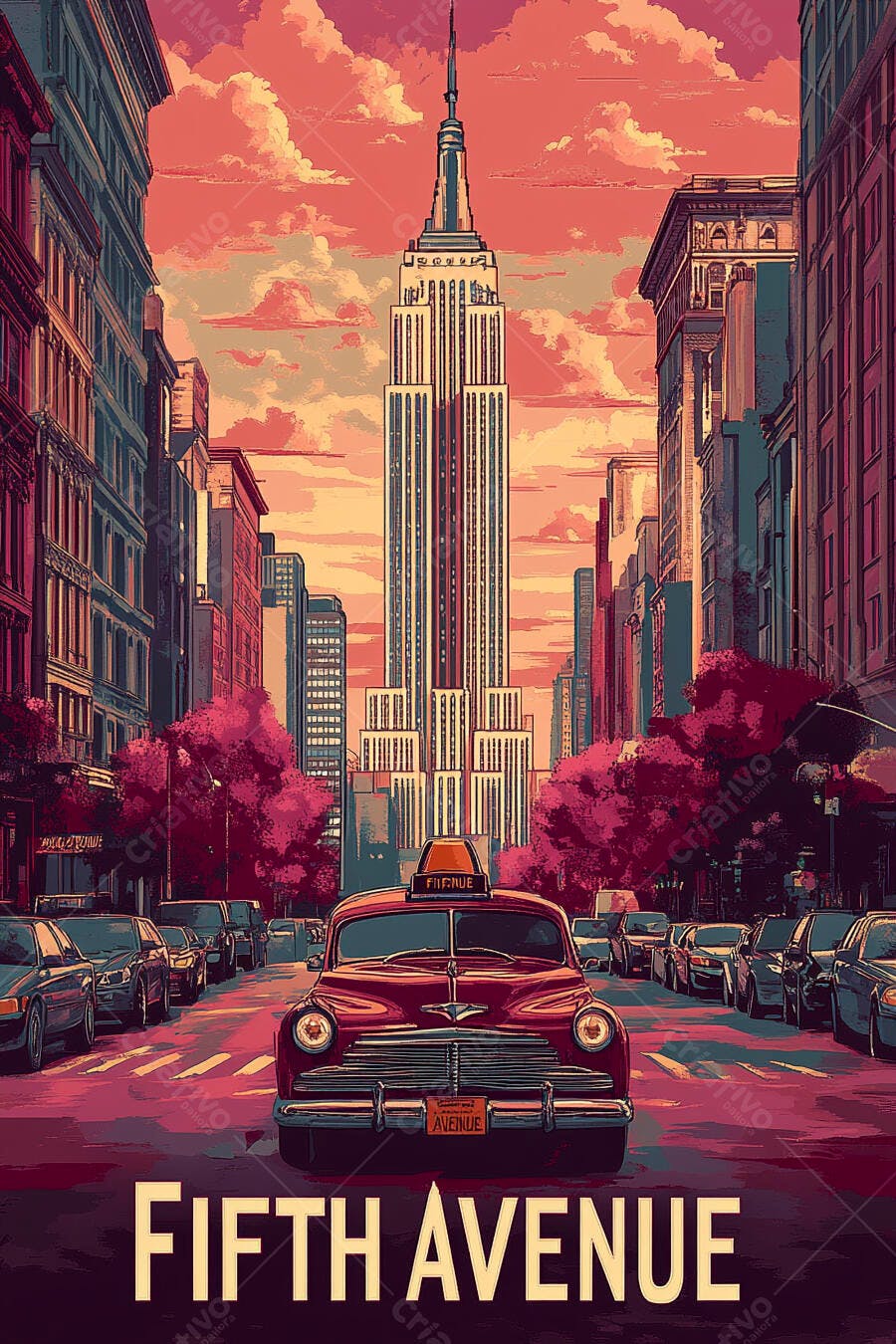 Táxi vintage vermelho na Quinta Avenida Nova York ao pôr do sol urbano