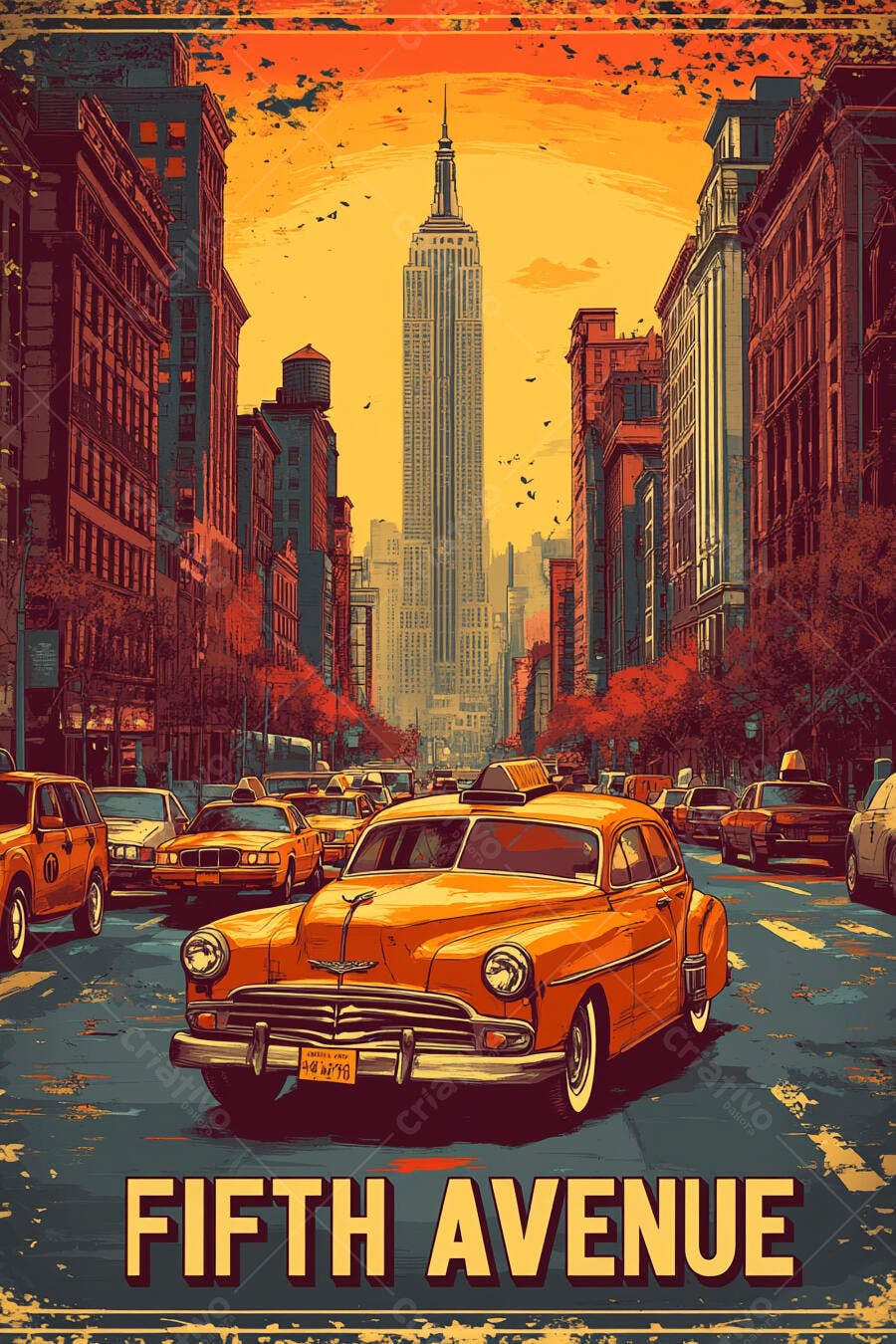 Fifth Avenue Nova Iorque taxis amarelos vintage e Empire State Building ao entardecer
