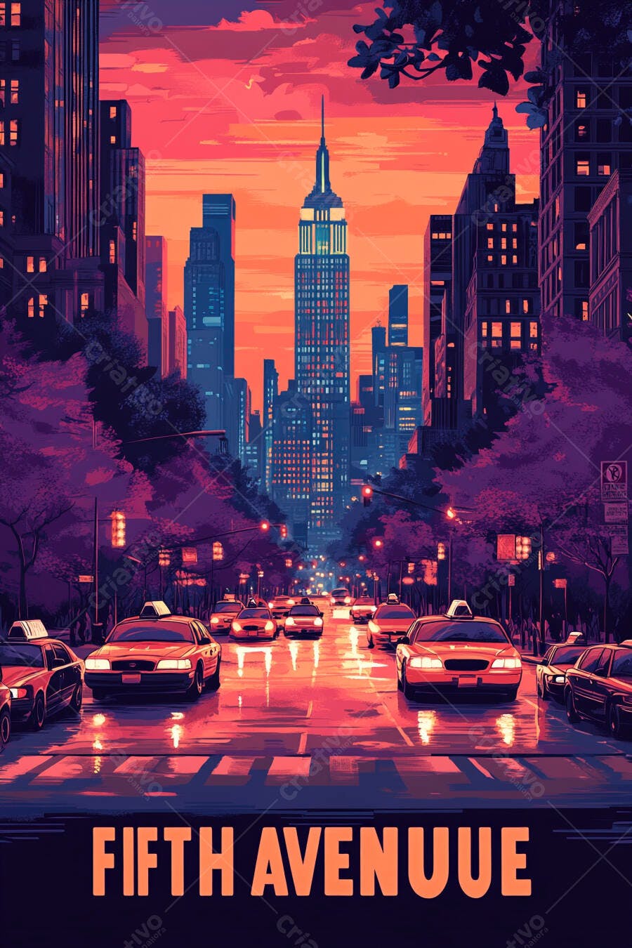 Fifth Avenue Nova York entardecer vibrante táxis e Empire State Building