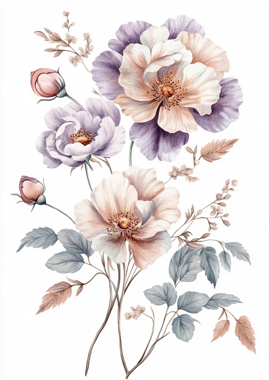 Flores em aquarela tons pastel lilás pêssego e folhas azuis