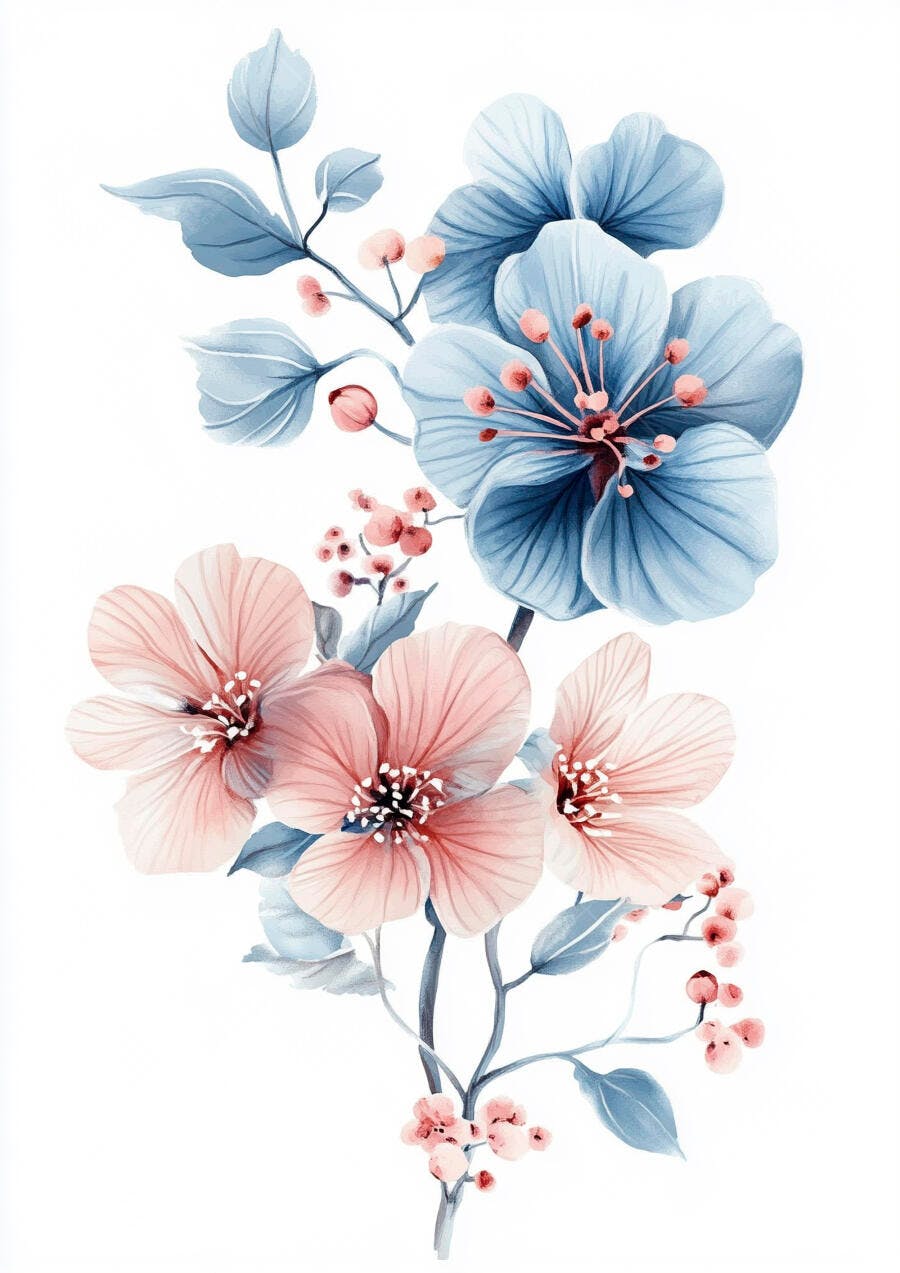 Arranjo floral em aquarela com flores azuis e rosas pêssego delicadas