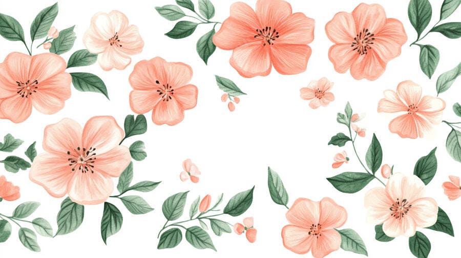 Flores de pêssego e folhas verdes vibrantes em padrão aquarela delicado