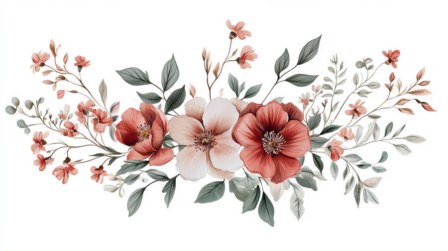 Flores em aquarela tons de terracota e rosa com folhas verde-acinzentado