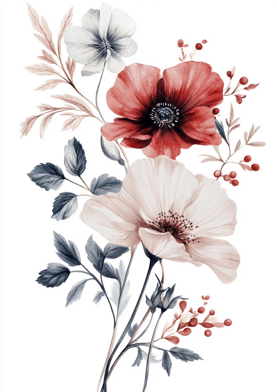 Ilustração aquarela floral com papoulas vermelhas e creme e folhagens azul cinza