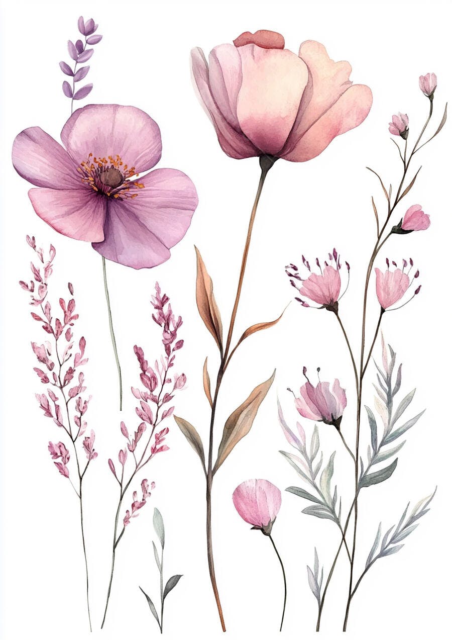 Flores em aquarela rosa e roxo ilustração botânica delicada