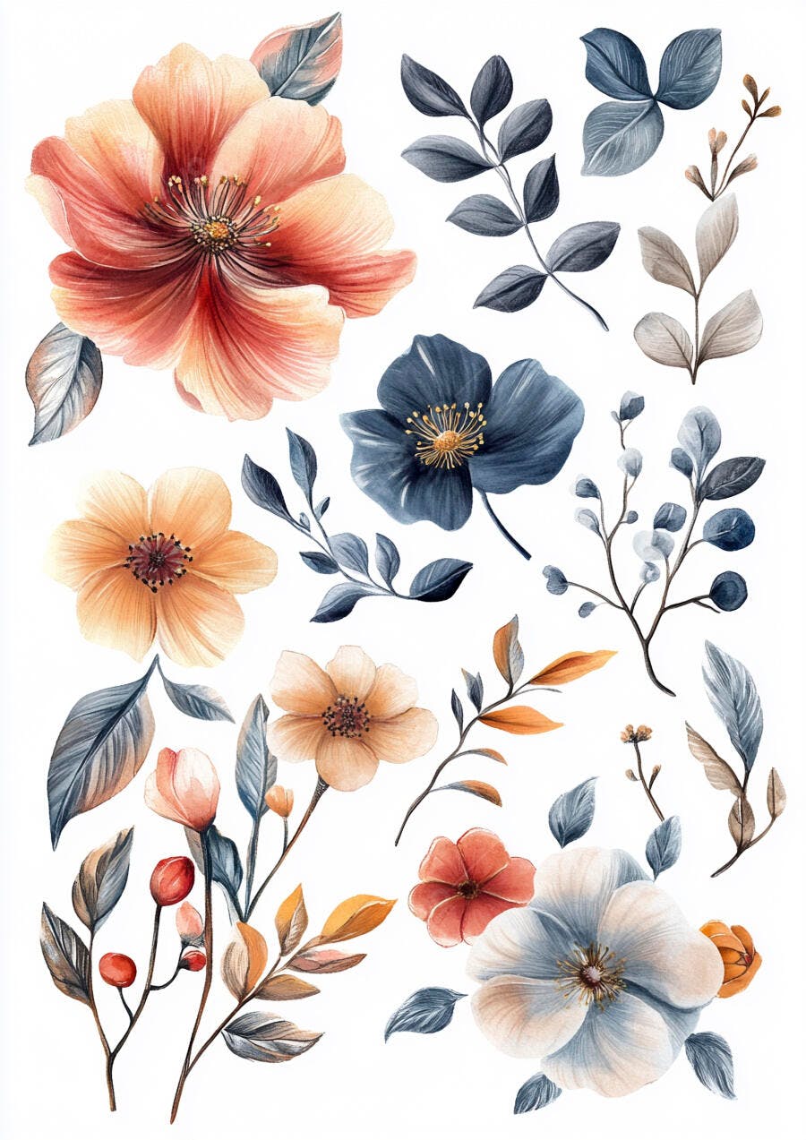 Flores e folhas em aquarela tons de pêssego azul e mostarda arranjo botânico