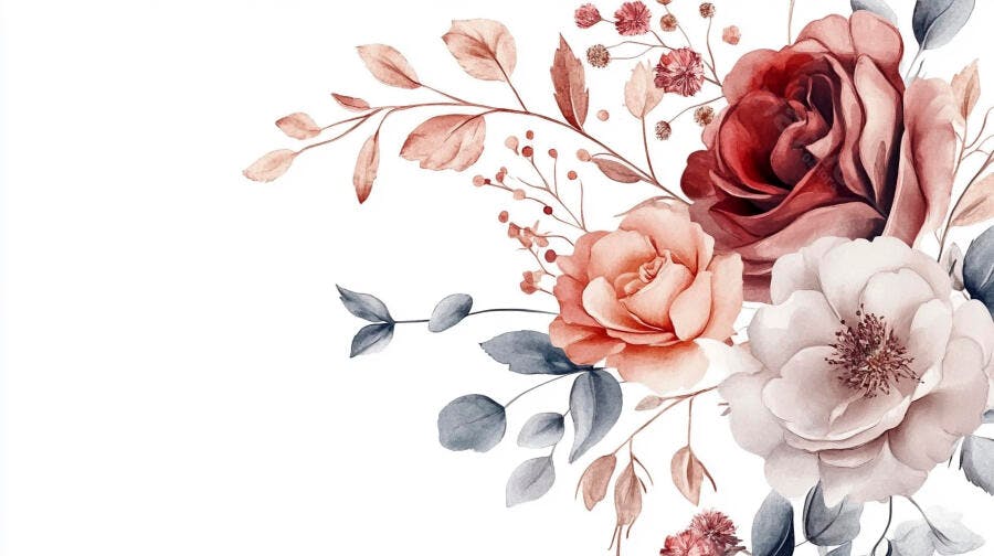 Buquê floral aquarela em pêssego vermelho e cinza azulado para convites de casamento