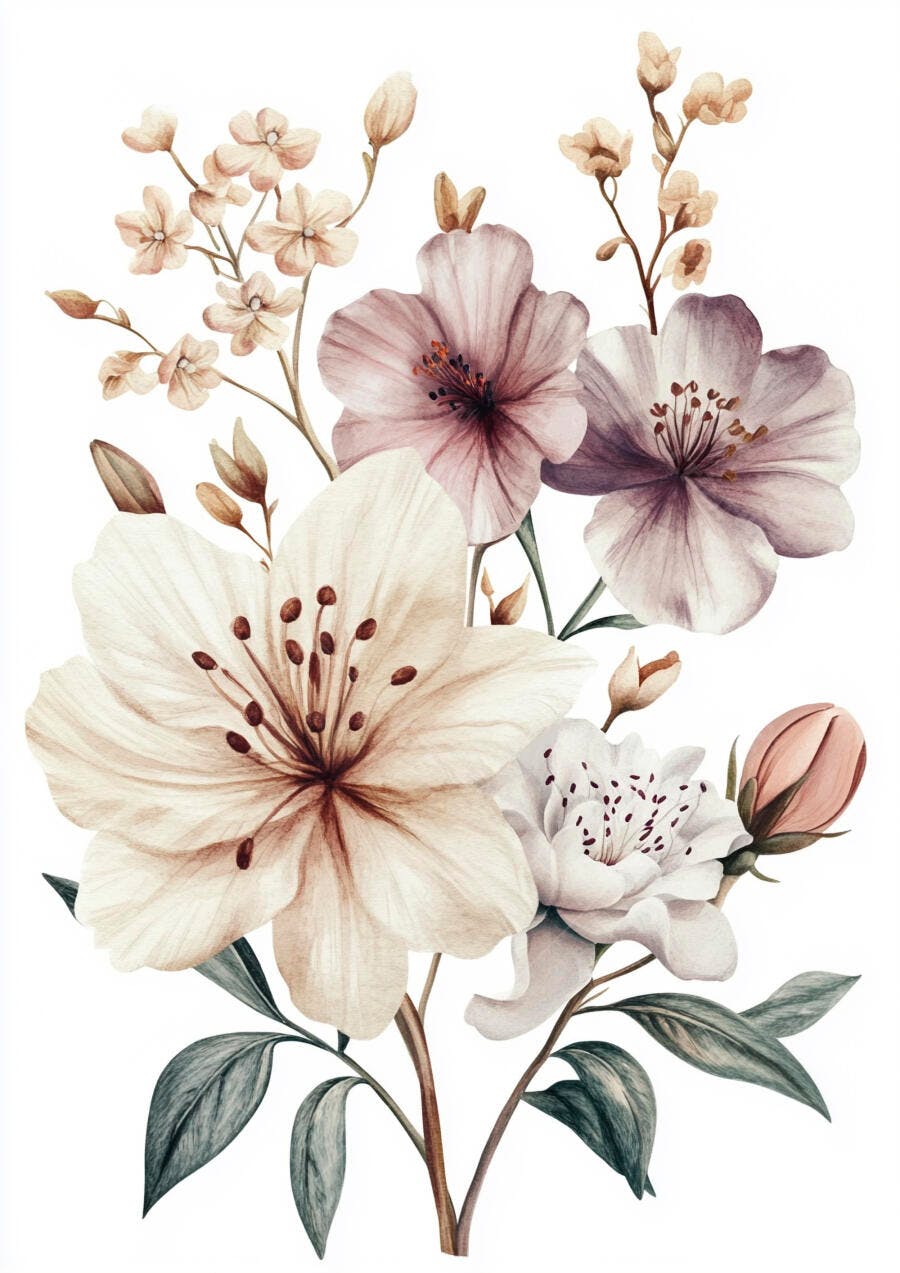 Buquê de flores em aquarela creme rosa e roxo arranjo botânico delicado